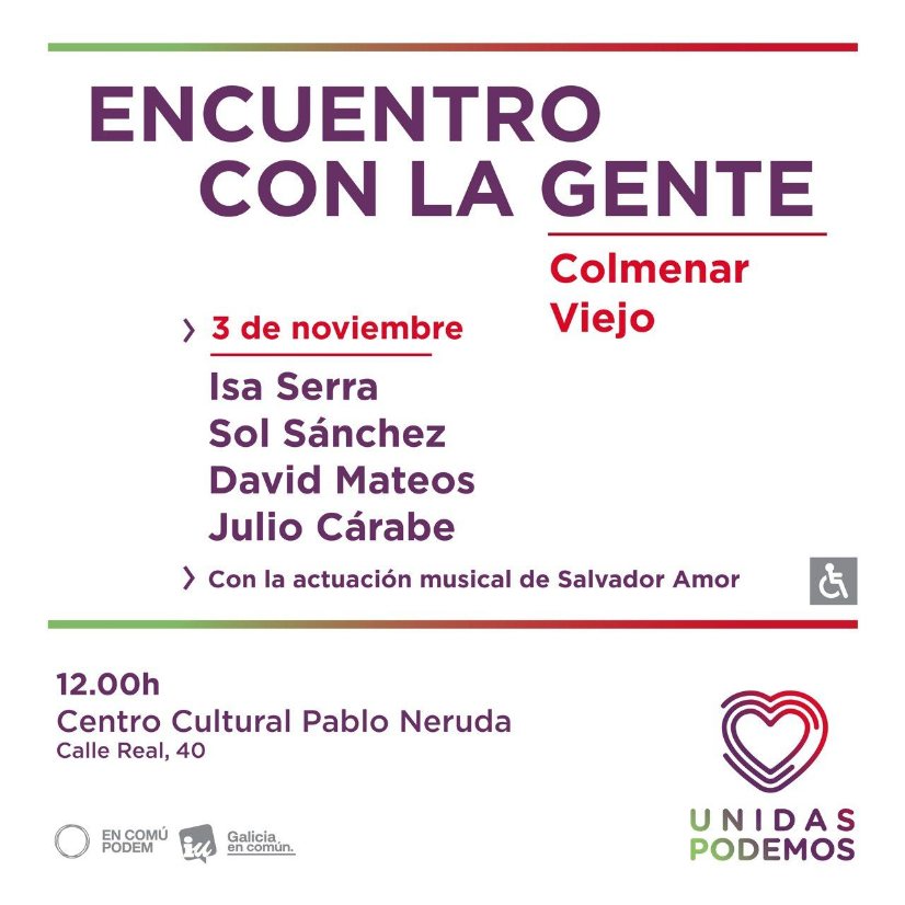 Domingo 3 de noviembre, 12h, Acto "Encuentro con la gente", con Isa Serra y Sol Sánchez, y música de Salvador Amor