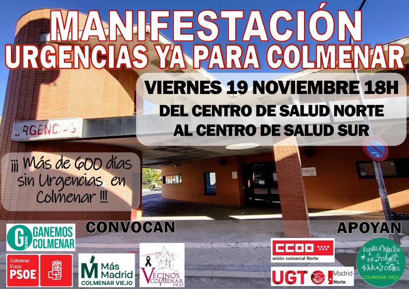 MANIFESTACIÓN 19 DE NOVIEMBRE A LAS 18H POR LA REAPERTURA INMEDIATA DEL SERVICIO DE URGENCIAS. DEL CENTRO DE SALUD NORTE AL CENTRO DE SALUD SUR