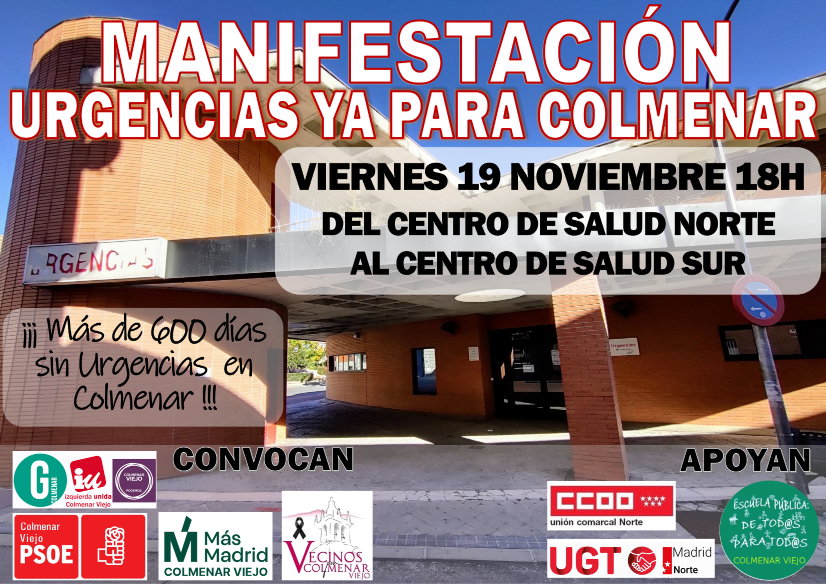 MANIFESTACIÓN 19 DE NOVIEMBRE A LAS 18H POR LA REAPERTURA INMEDIATA DEL SERVICIO DE URGENCIAS. DEL CENTRO DE SALUD NORTE AL CENTRO DE SALUD SUR