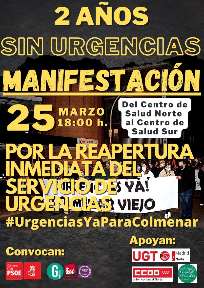 Viernes 25 marzo 18h. Manifestación por la reapertura de las Urgencias de Colmenar