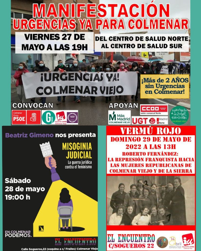 Calendario de actividades del fin de semana: Viernes Manifestación Urgencias, Sábado presentación libro Beatriz Gimeno, Domingo Vermú Rojo con Roberto Fernández