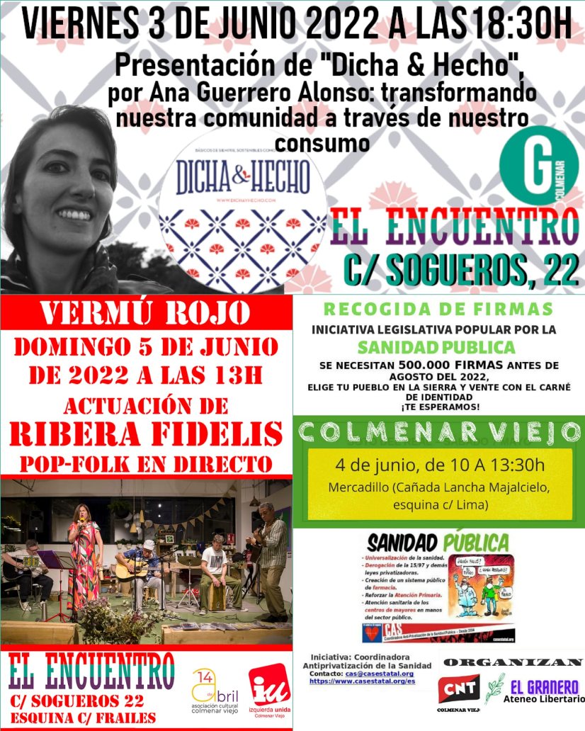 📅 Calendario de actividades del fin de semana en #ElEncuentro de #ColmenarViejo: viernes 18:30h presentación "Dicha & Hecho", domingo 13h #VermúRojo actuación Ribera Fidelis. ✍️Sábado en el Mercadillo, ILP Sanidad Pública