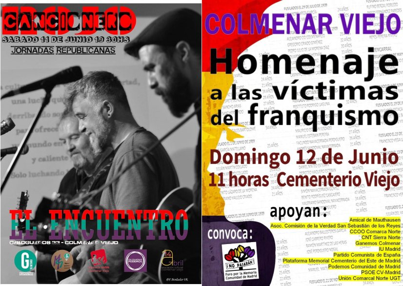 Calendario de actividades del fin de semana: sábado 11 junio 19:30h, concierto Rojo Cancionero en El Encuentro; domingo 12 junio 11h Homenaje a víctimas del Franquismo en Cementerio Viejo