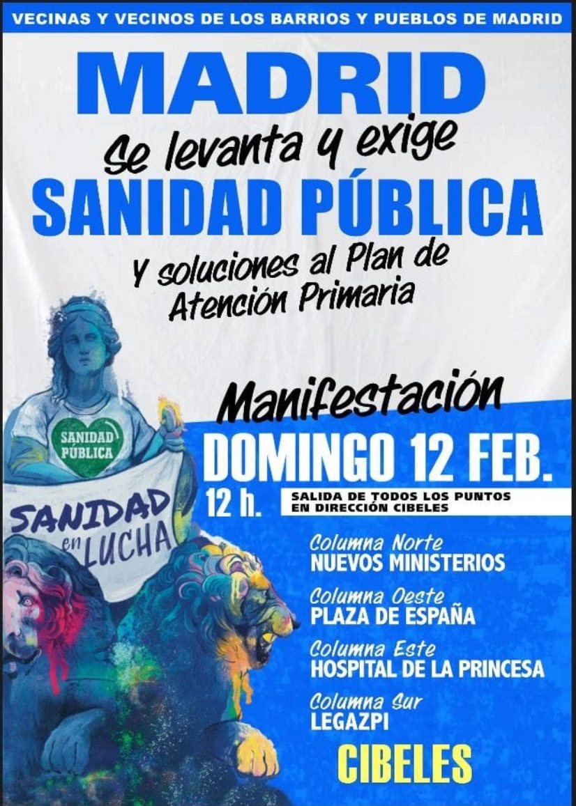 Domingo 12 de febrero, 12h desde Nuevos Ministerios, Madrid se levanta por la Sanidad Pública
