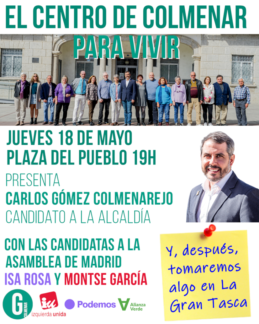 "El centro de Colmenar para vivir" jueves 18 de mayo, 19h, Plaza del Pueblo