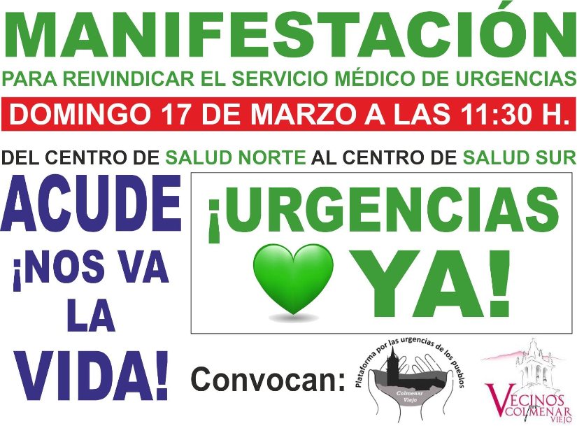 ¡Urgencias YA para Colmenar! Domingo 17, 11:30h, Centro de Salud Norte